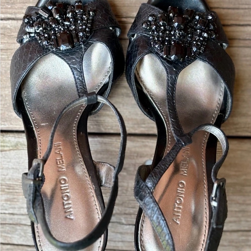 Antonio Melani Black Leather Embellished Beaded Heels Open Toe Sz 6.5M - Picture 3 of 11